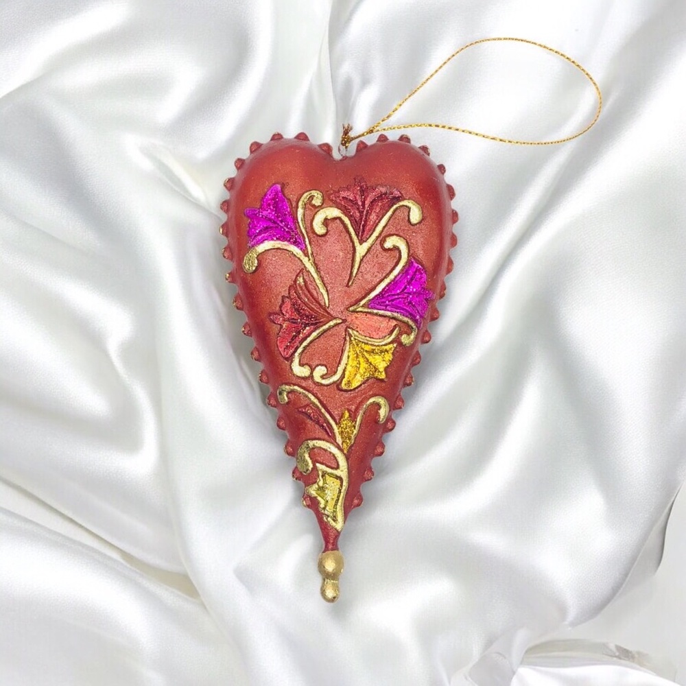 VTG Orange Red Heart Gold Glittery Christmas Ornament Flowers Floral lover gift
